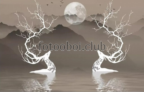 озеро, река, олени, луна, горы, абстракция